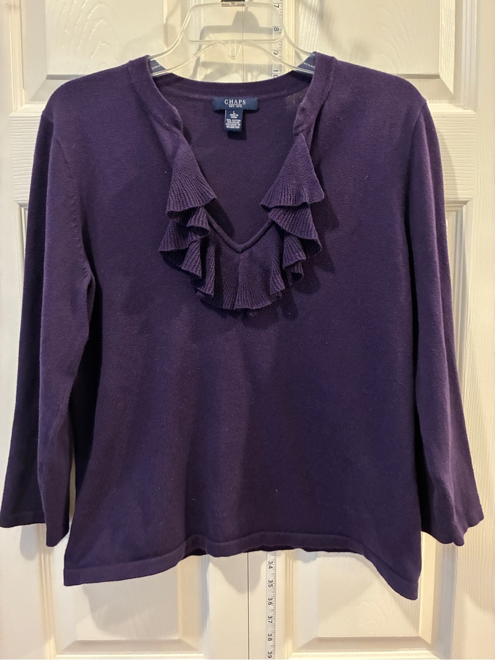 Chaps Purple V-Neck Ruffle Long Sleeve Top